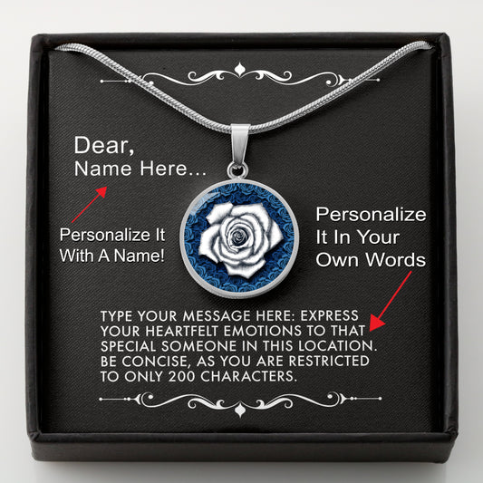 Silver necklace with a white rose pendant in a box with a message card that can be personalized.