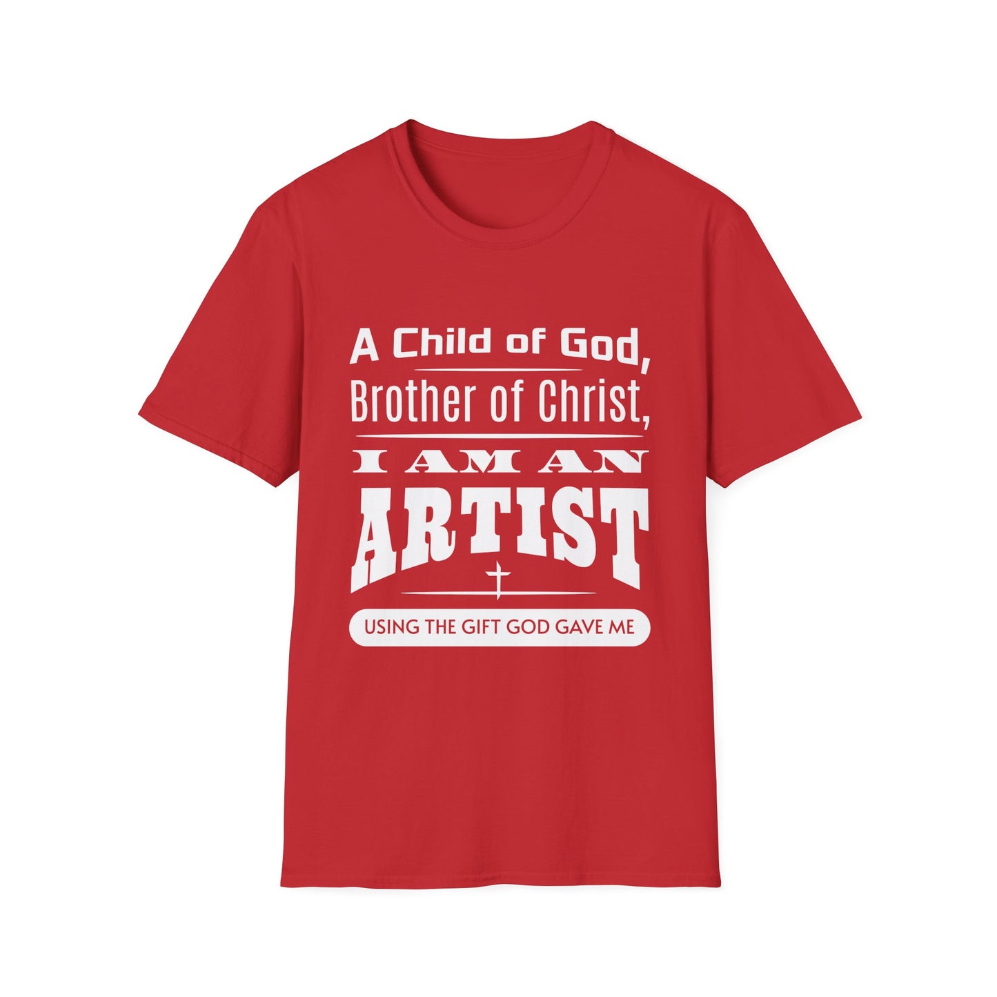 Red t-shirt with white text on a white background