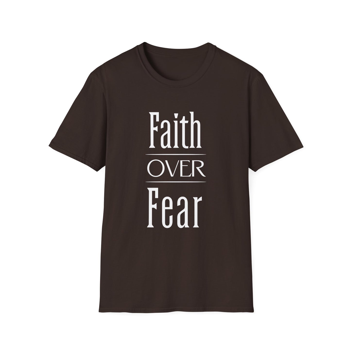 Brown t-shirt with 'Faith OVER Fear' text on a white background