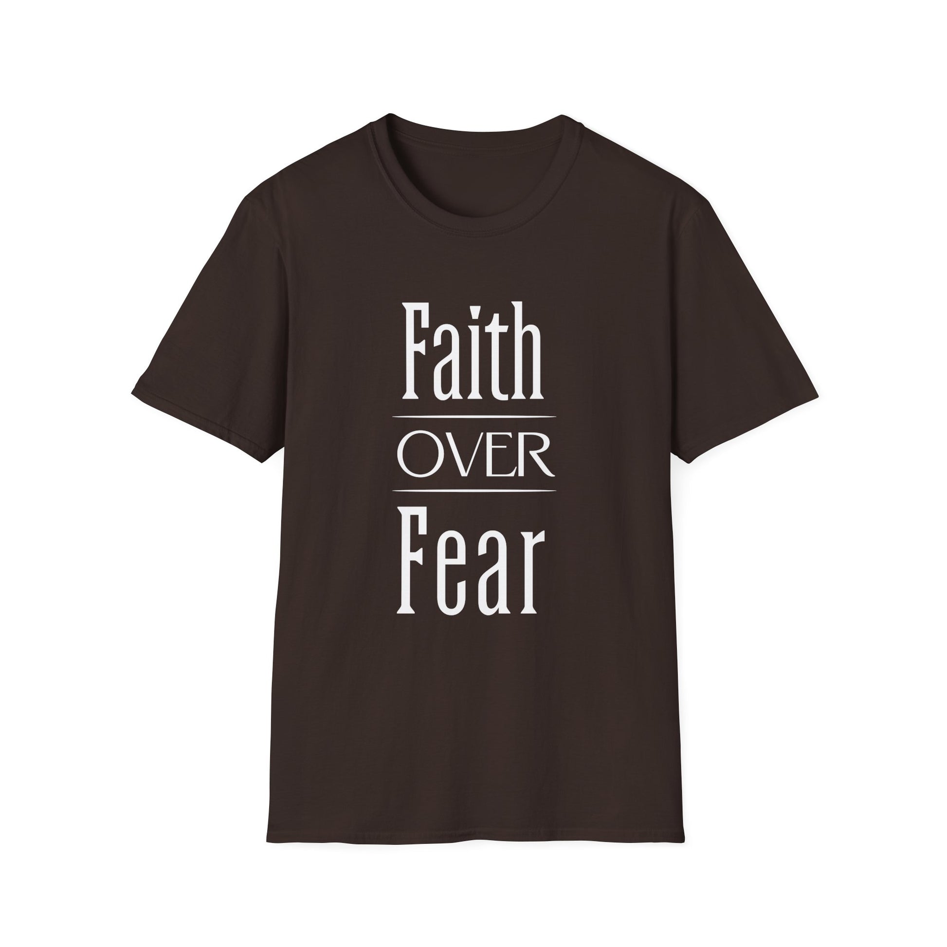 Brown t-shirt with 'Faith OVER Fear' text on a white background