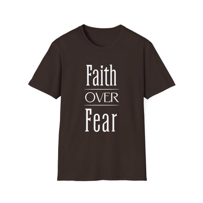 Brown t-shirt with 'Faith OVER Fear' text on a white background