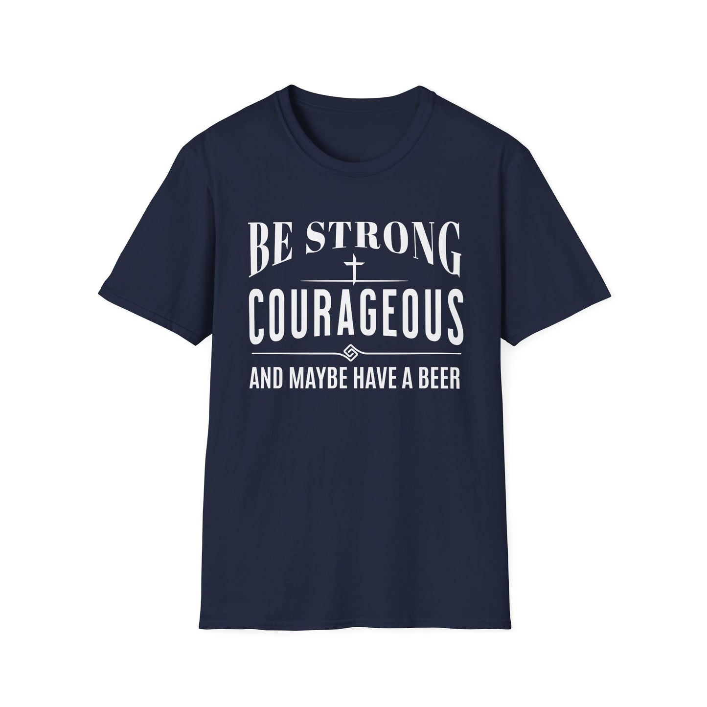 Navy blue t-shirt with white text on a white background