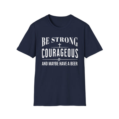 Navy blue t-shirt with white text on a white background