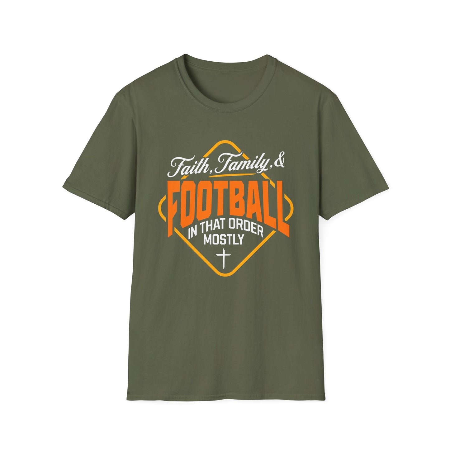 Green t-shirt with 'Faith Family & Football In That Order Mostly' text design on a white background