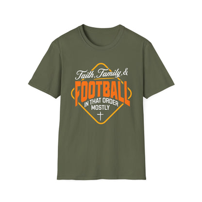Green t-shirt with 'Faith Family & Football In That Order Mostly' text design on a white background