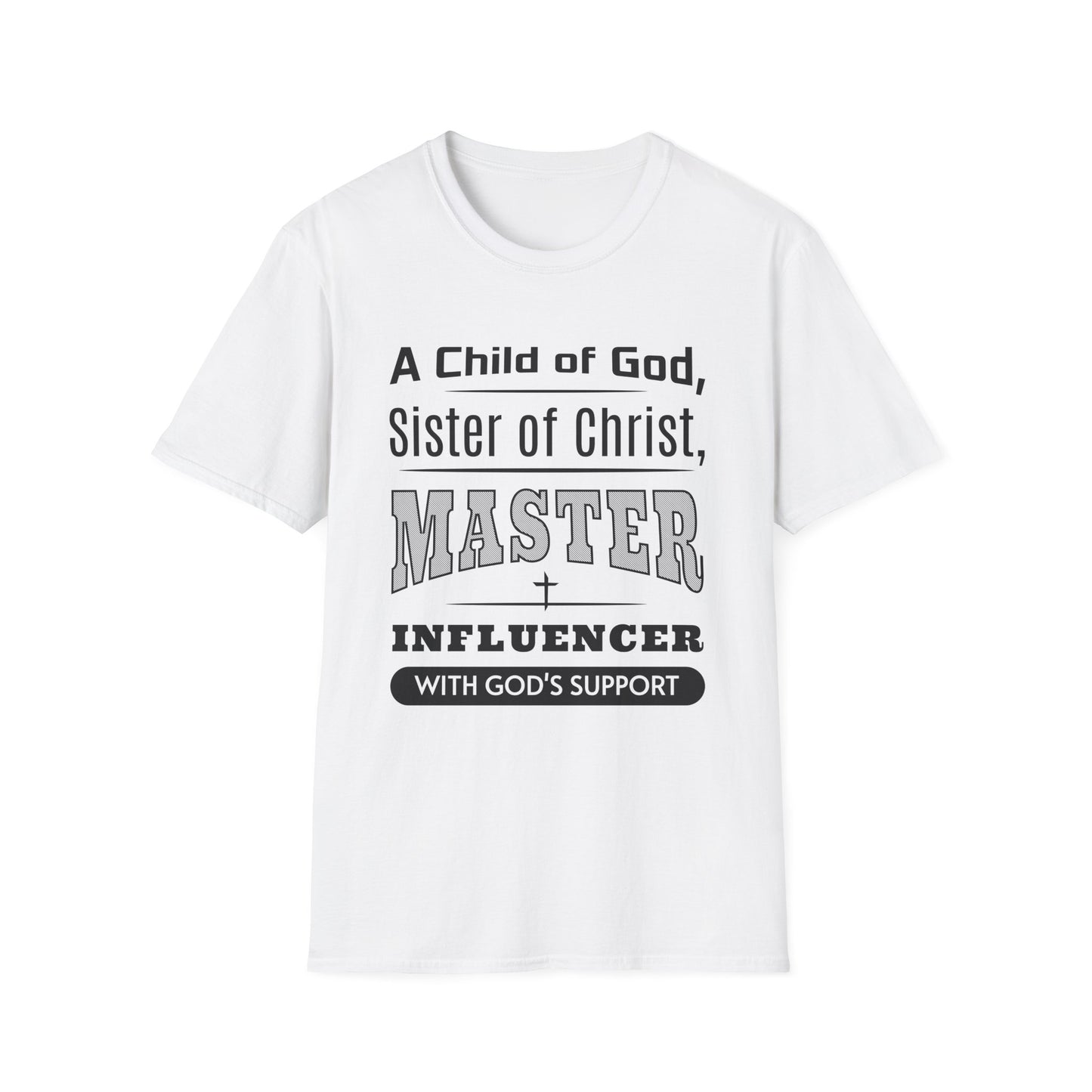 White t-shirt with black text on a white background