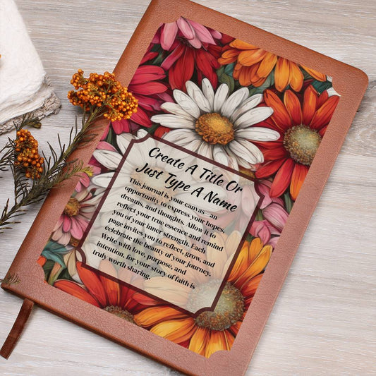 Colorful daisies on a vegan leather journal and text on a wooden surface.