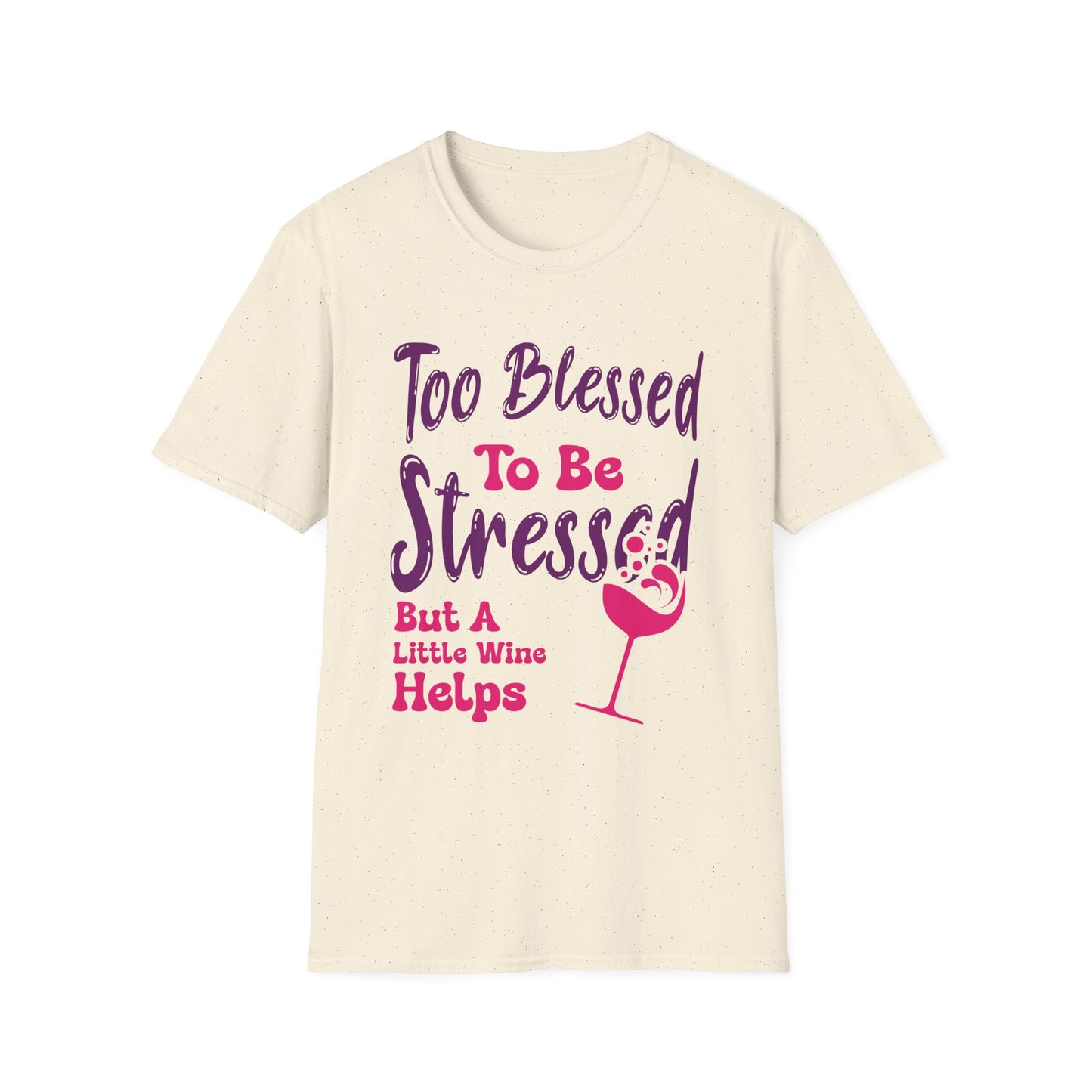 Beige t-shirt with humorous text and wine glass graphic on a white background