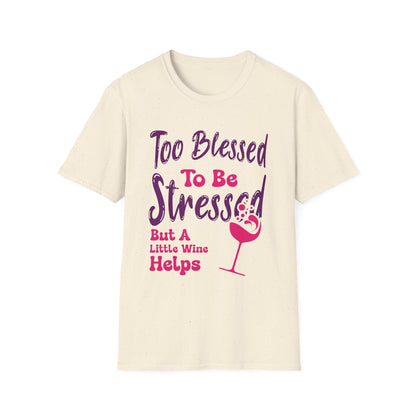 Beige t-shirt with humorous text and wine glass graphic on a white background