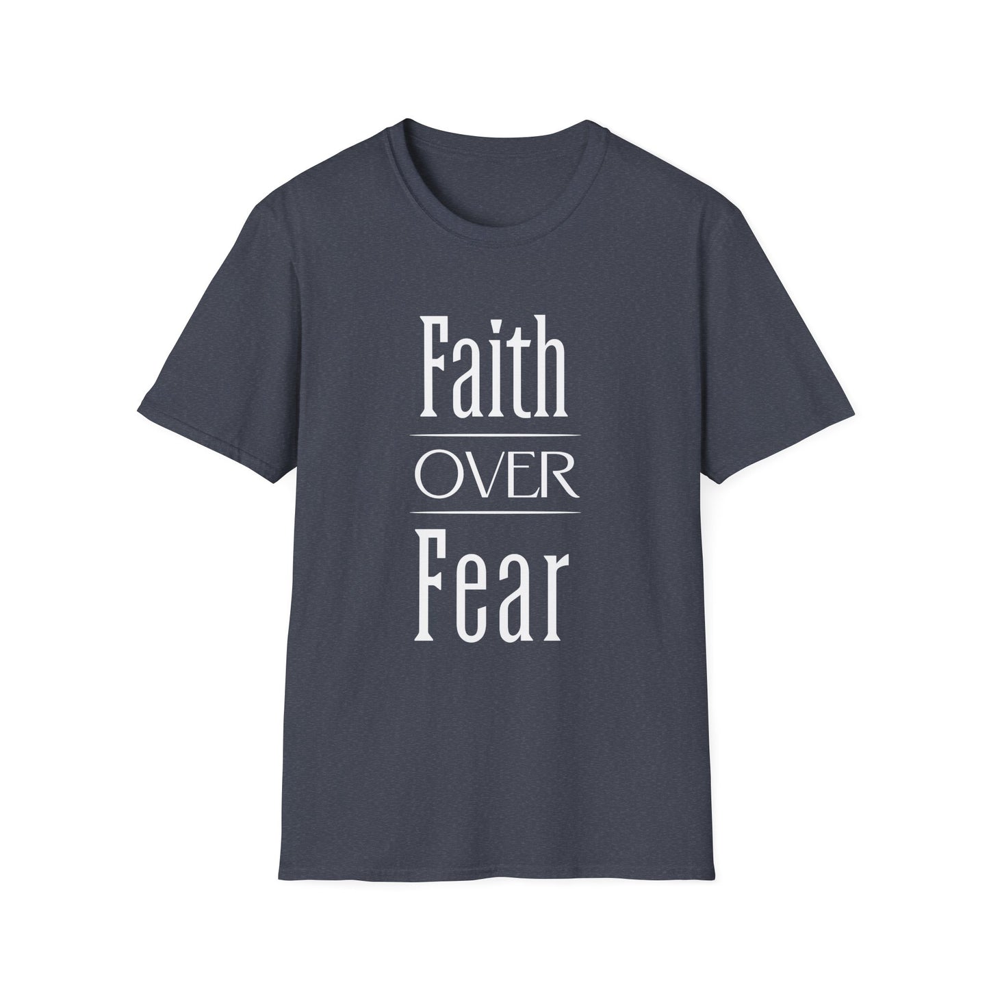 Navy blue t-shirt with 'Faith Over Fear' text on a white background