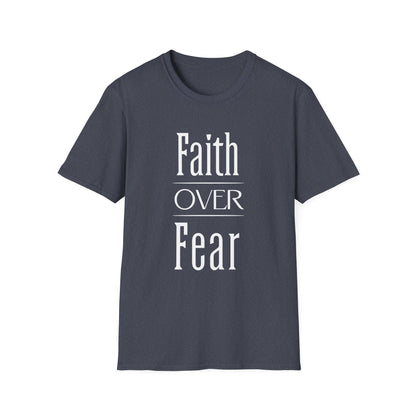 Navy blue t-shirt with 'Faith Over Fear' text on a white background