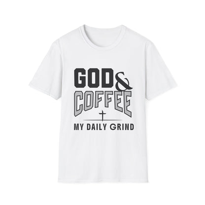 White t-shirt with black text 'GOD & COFFEE MY DAILY GRIND' on a white background