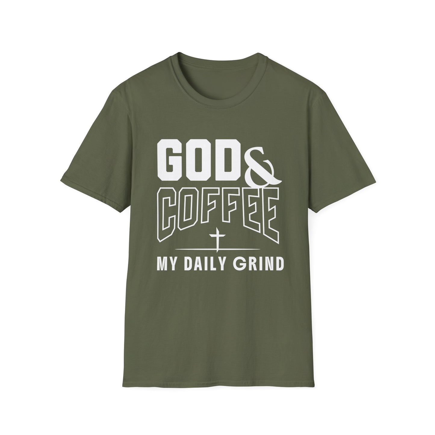 Green t-shirt with 'God & Coffee My Daily Grind' text on a white background