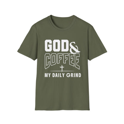 Green t-shirt with 'God & Coffee My Daily Grind' text on a white background