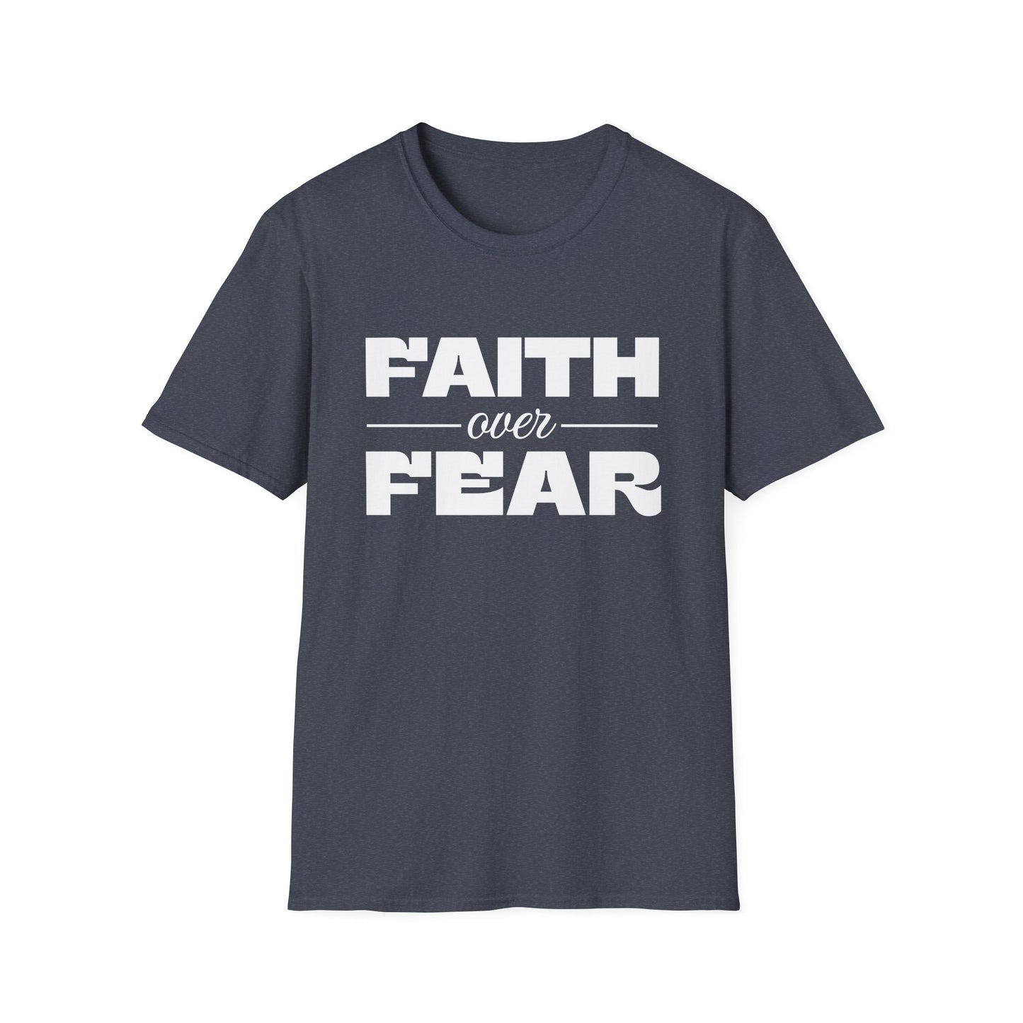 Navy blue t-shirt with 'Faith over Fear' text on a white background