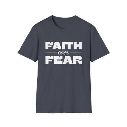 Navy blue t-shirt with 'Faith over Fear' text on a white background