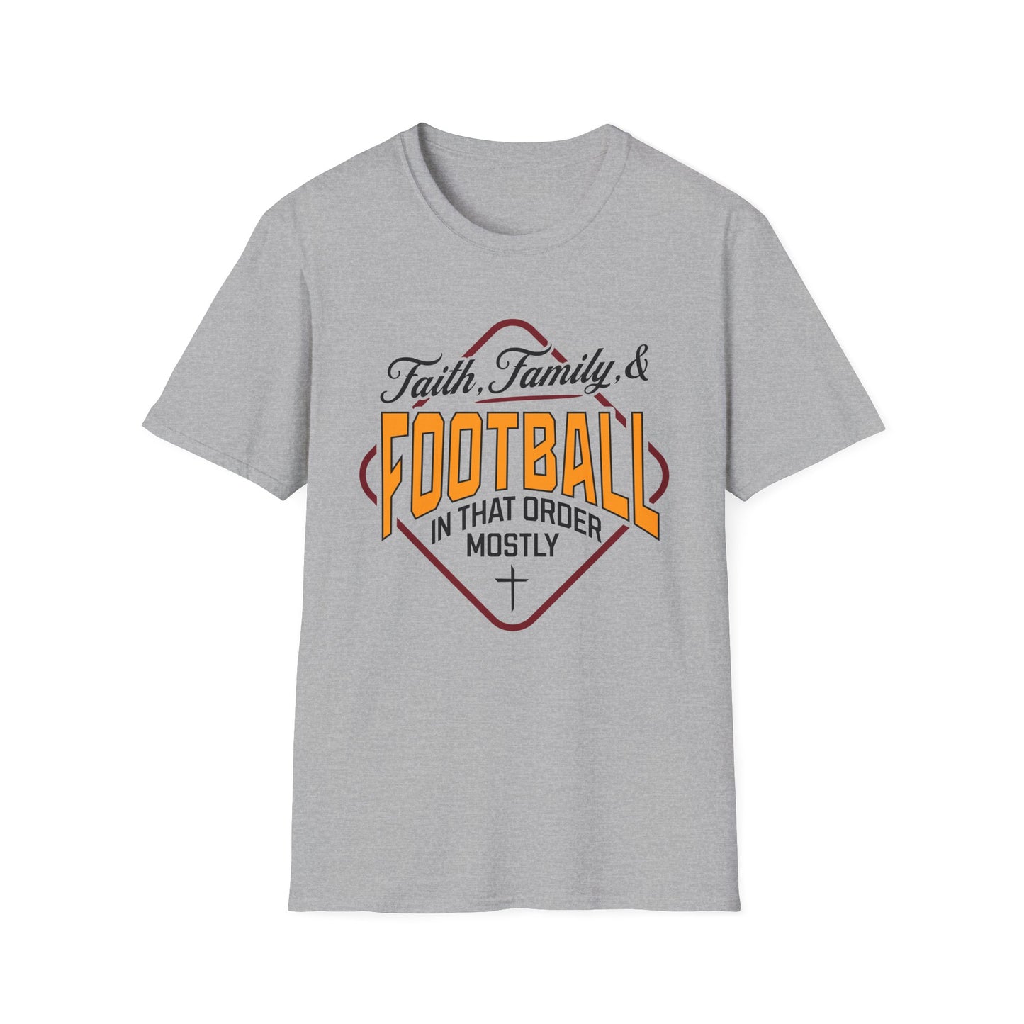 Gray t-shirt with 'Faith, Family & Football in that order mostly' text design on a white background
