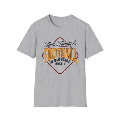 Gray t-shirt with 'Faith, Family & Football in that order mostly' text design on a white background