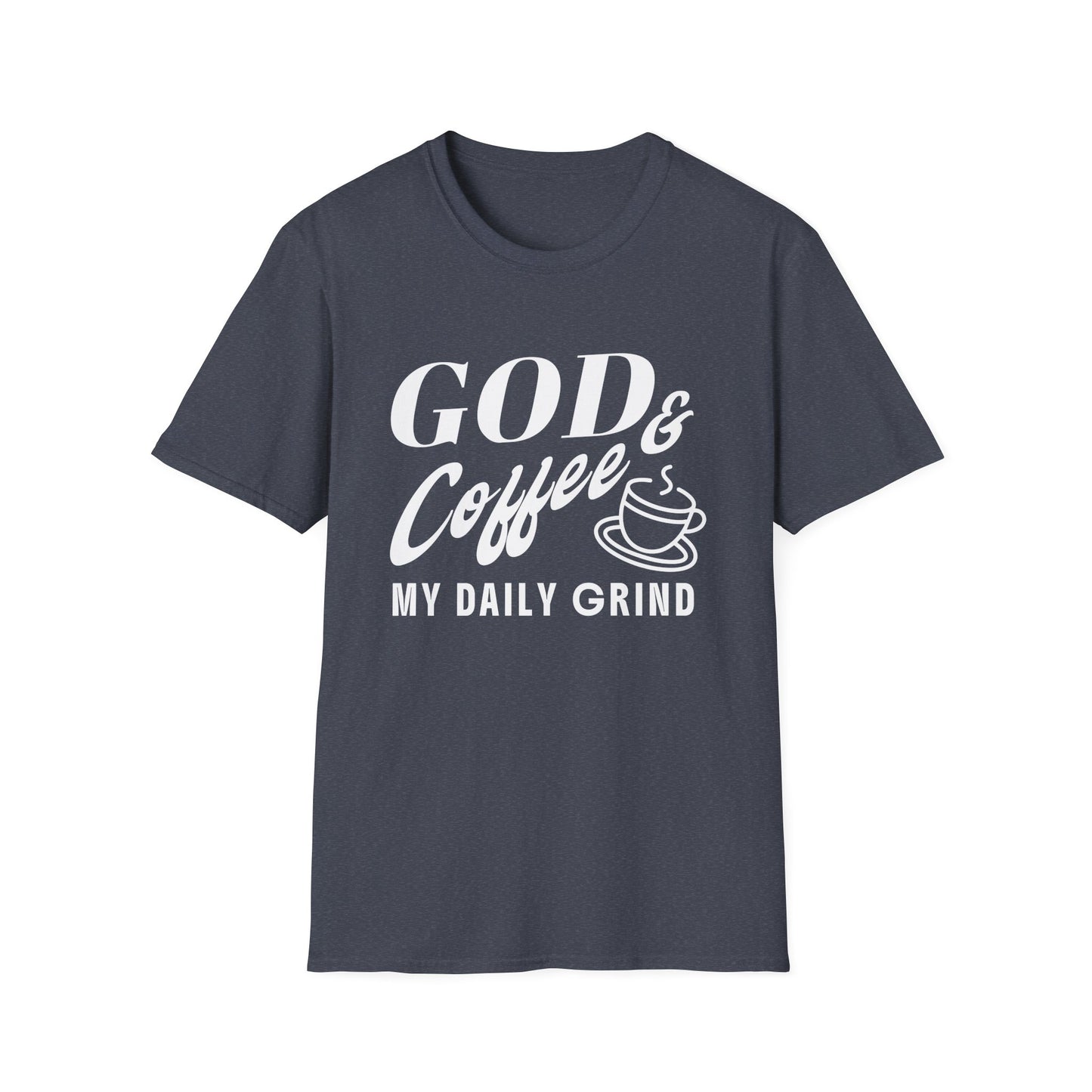 Navy blue t-shirt with white text 'GOD & Coffee = MY DAILY GRIND' on a white background