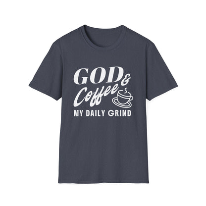 Navy blue t-shirt with white text 'GOD & Coffee = MY DAILY GRIND' on a white background