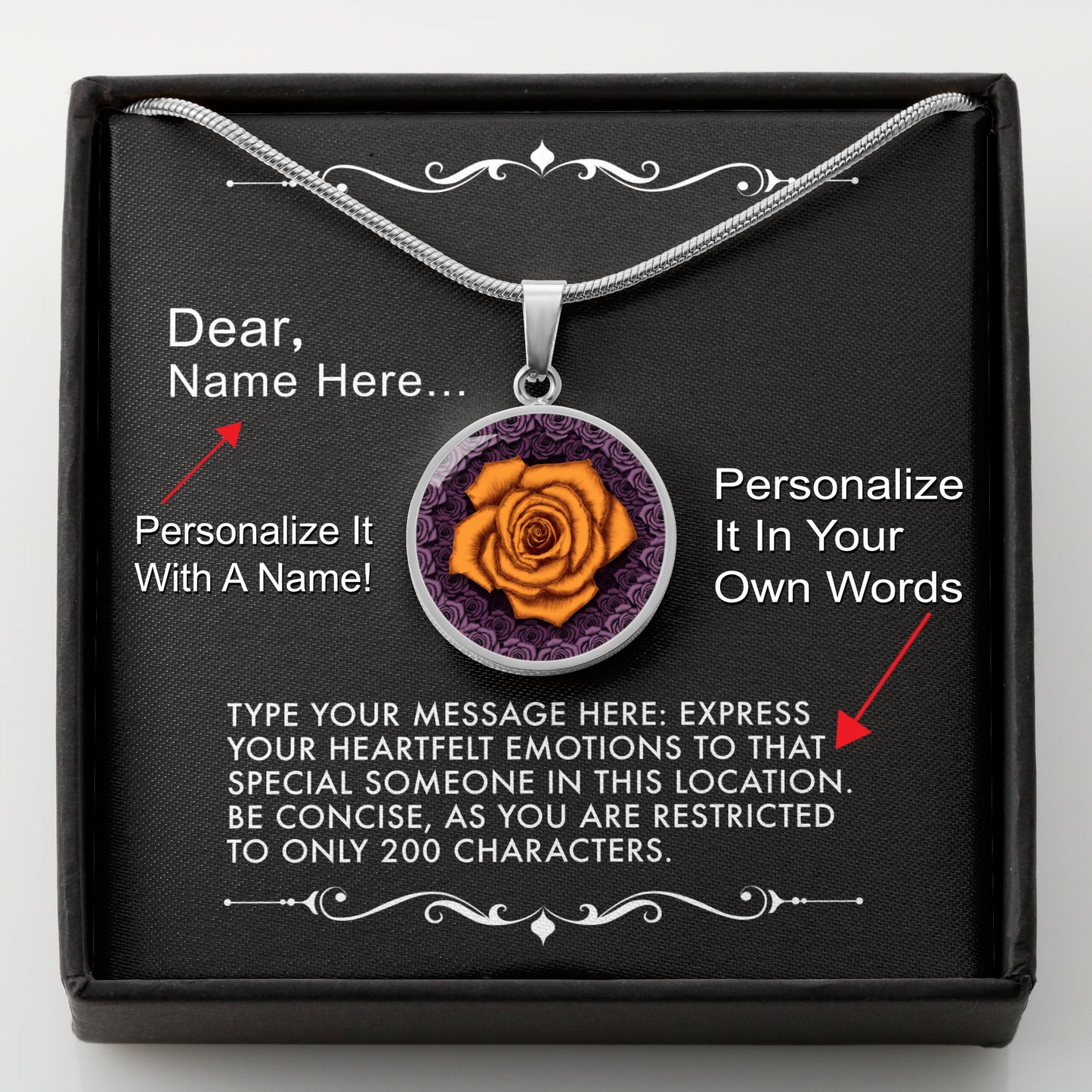 Silver necklace with an orange rose pendant in a box with a message card that can be personalized.