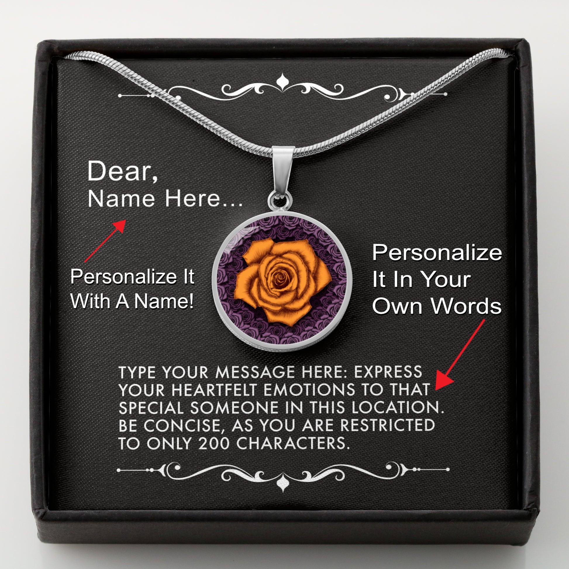 Silver necklace with an orange rose pendant in a box with a message card that can be personalized.