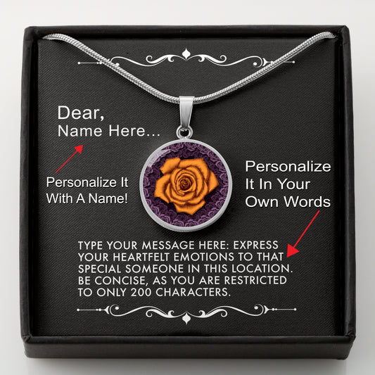 Silver necklace with an orange rose pendant in a box with a message card that can be personalized.