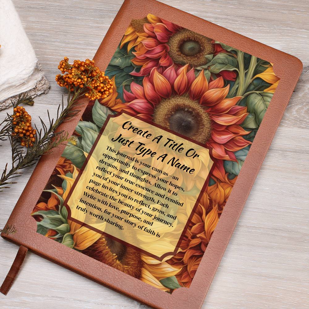 Journal with sunflowers design and text on a wooden surface.