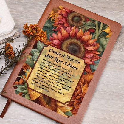 Journal with sunflowers design and text on a wooden surface.