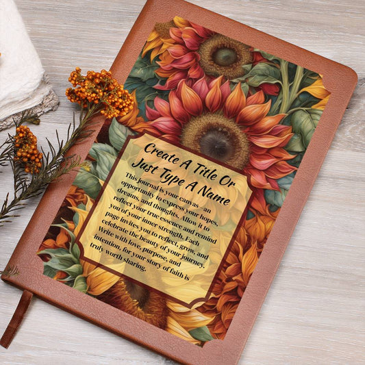 Journal with sunflowers design and text on a wooden surface.