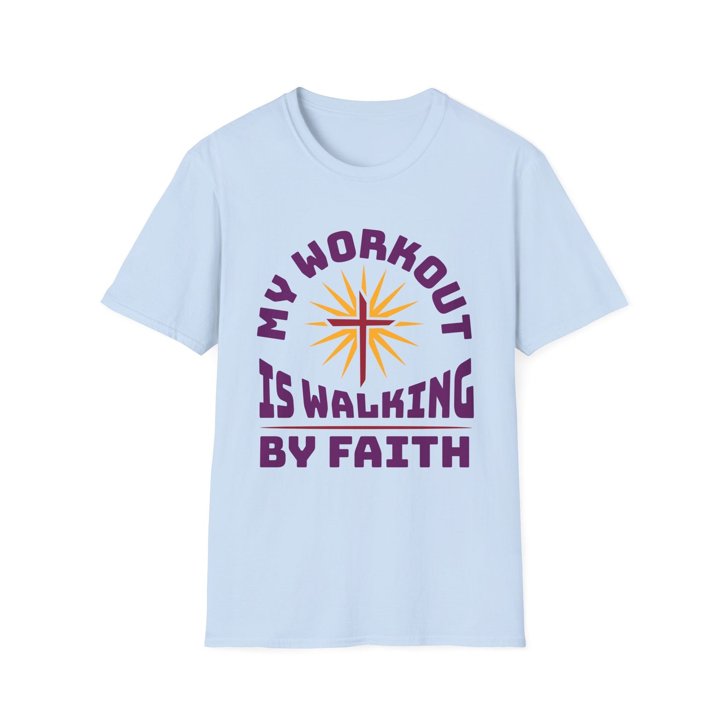 Light blue t-shirt with motivational quote and sun graphic on a white background