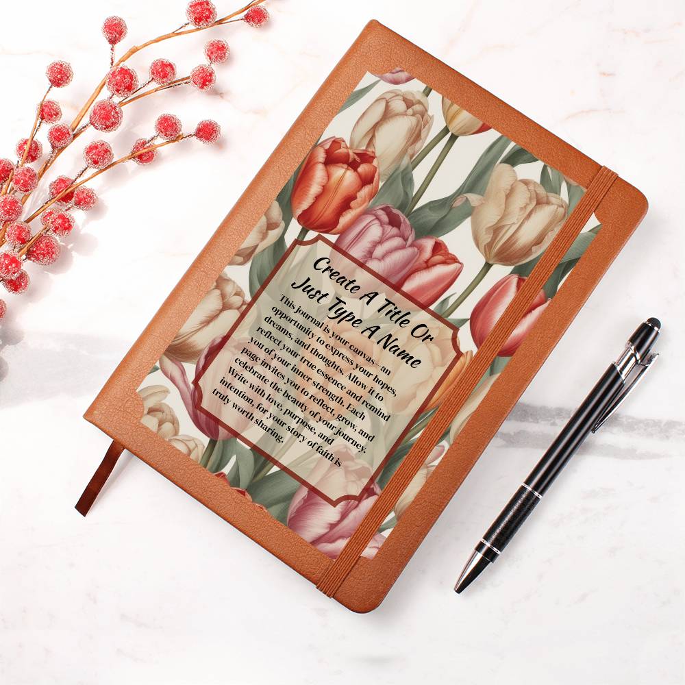 Vegan leather journal with a floral design on the cover, featuring text, red-orange, and pink tulips.