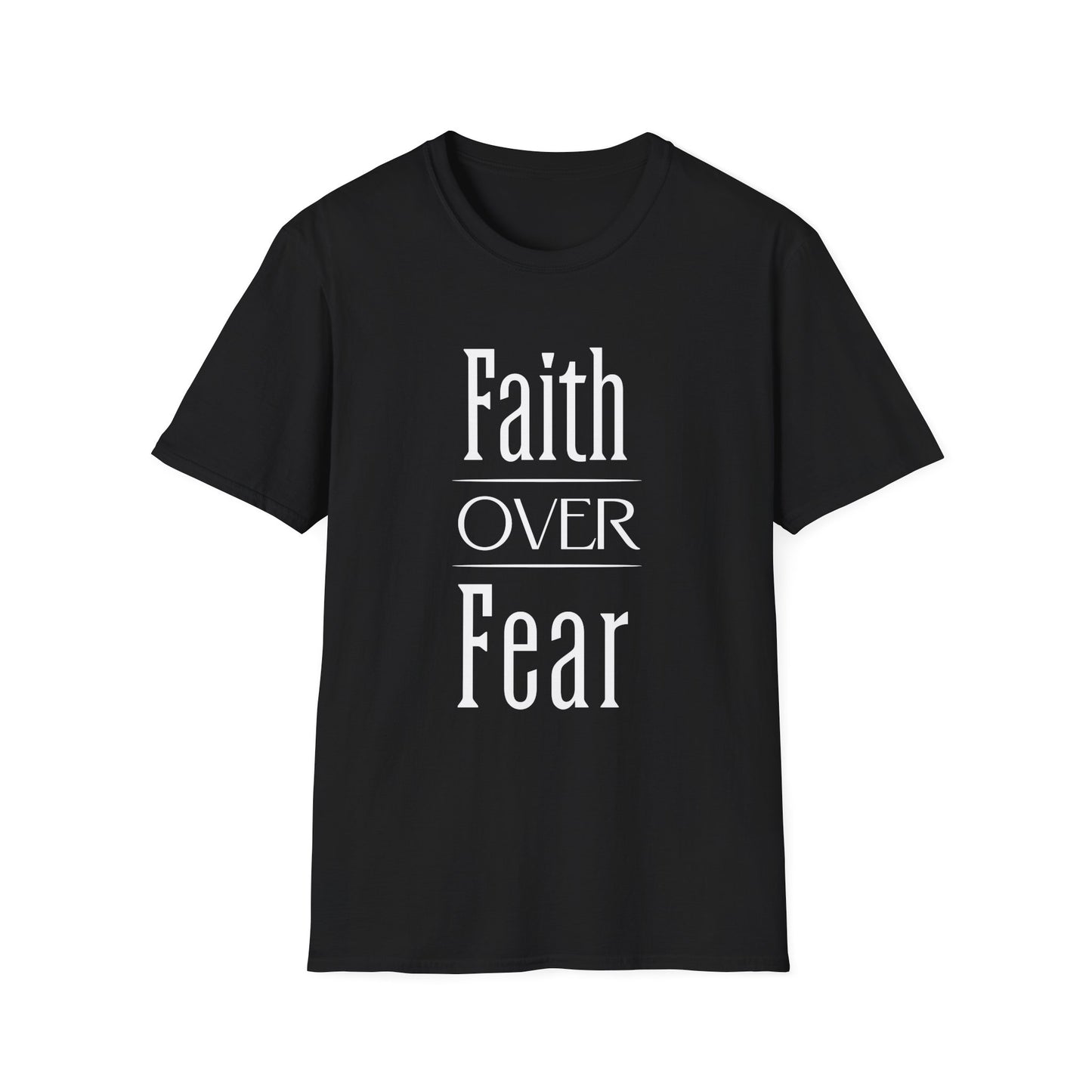 Black t-shirt with 'Faith Over Fear' text on a white background