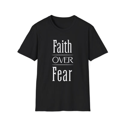 Black t-shirt with 'Faith Over Fear' text on a white background