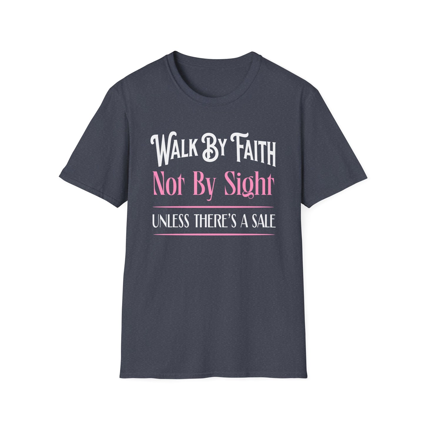 Navy blue t-shirt with white and pink text on a white background