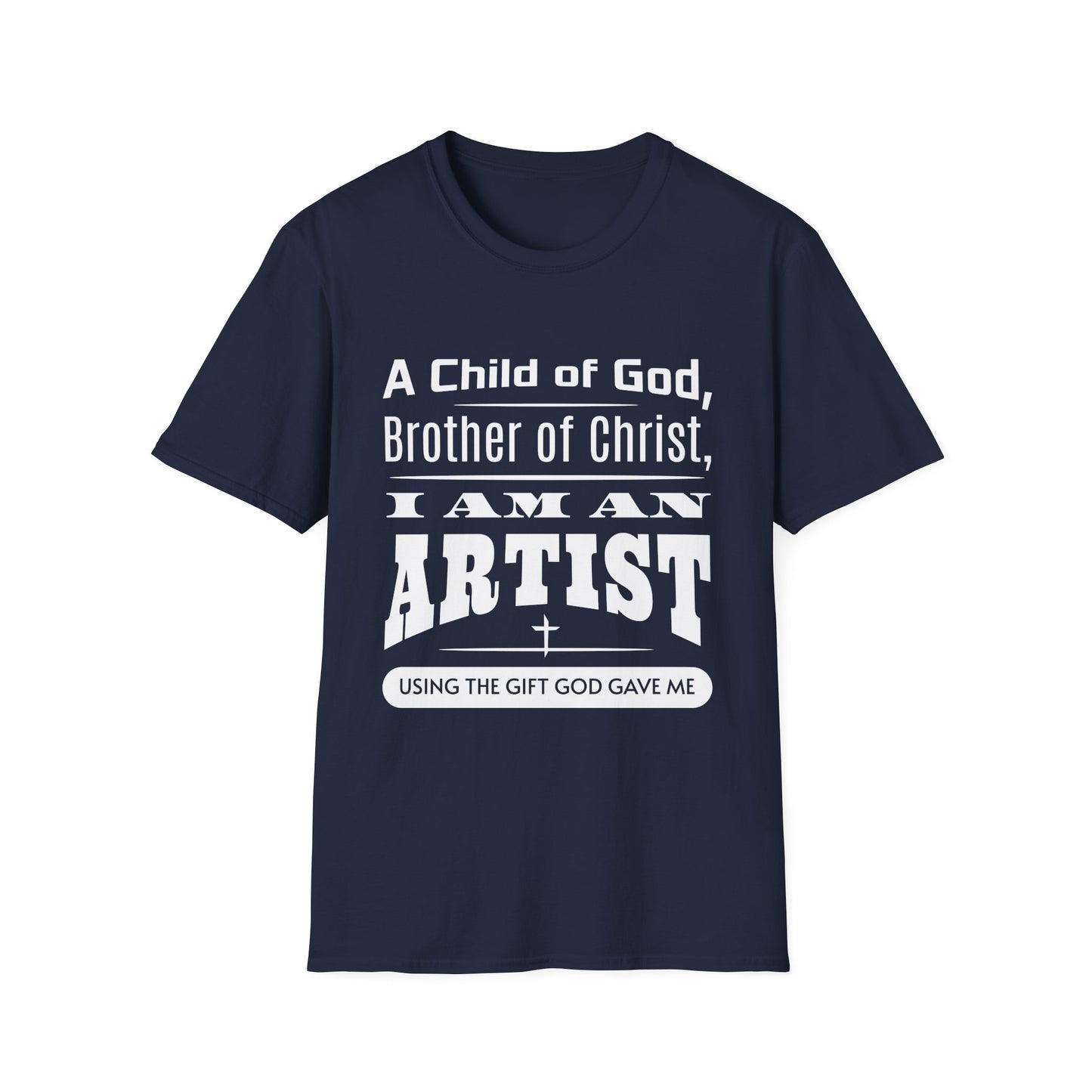 Navy blue t-shirt with white text on a white background