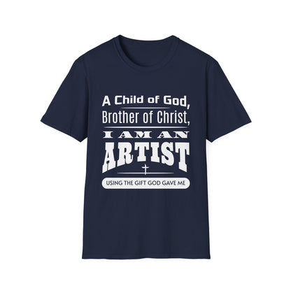 Navy blue t-shirt with white text on a white background