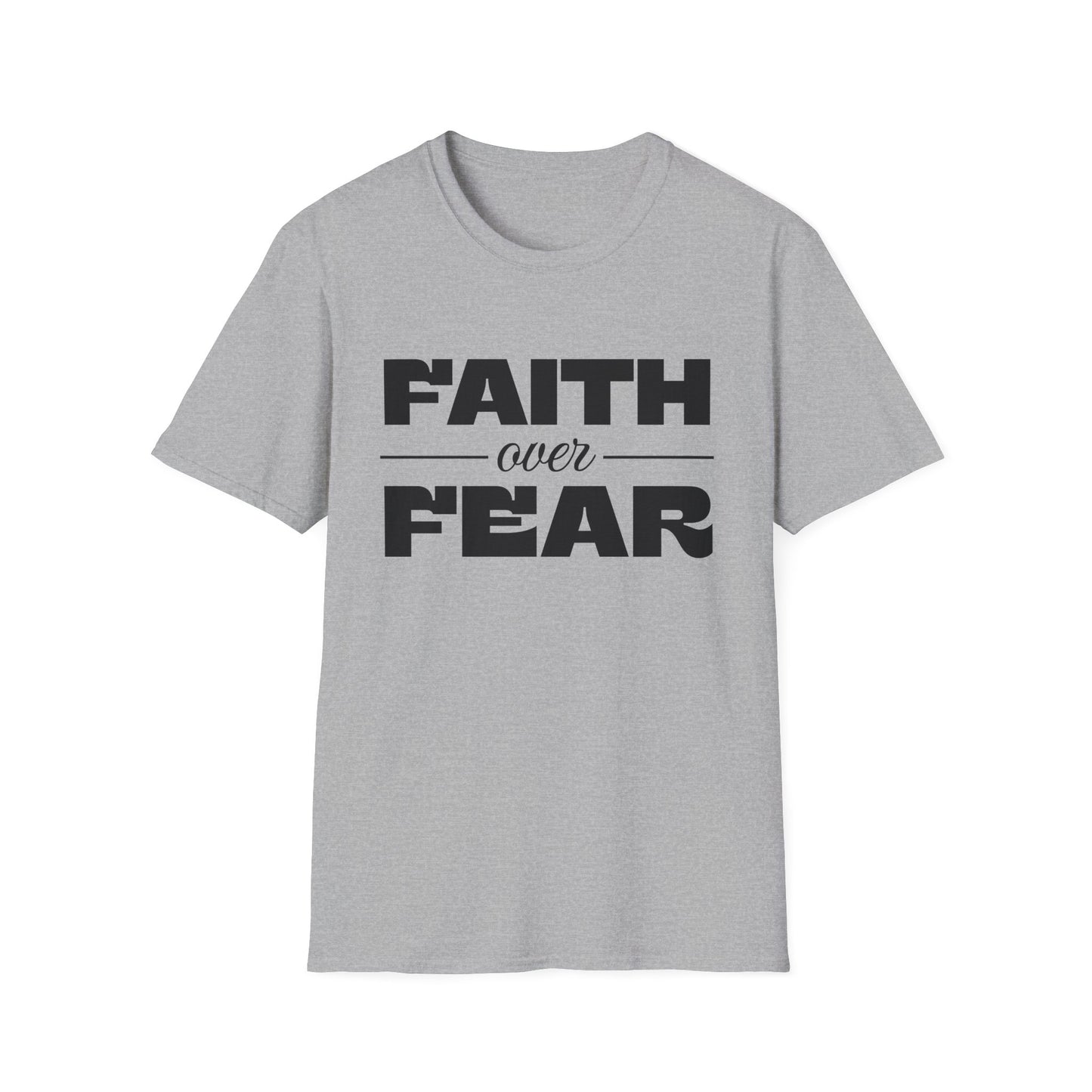 Gray t-shirt with 'Faith over Fear' text on a white background