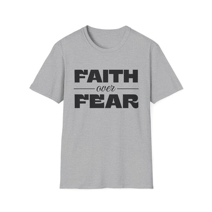 Gray t-shirt with 'Faith over Fear' text on a white background