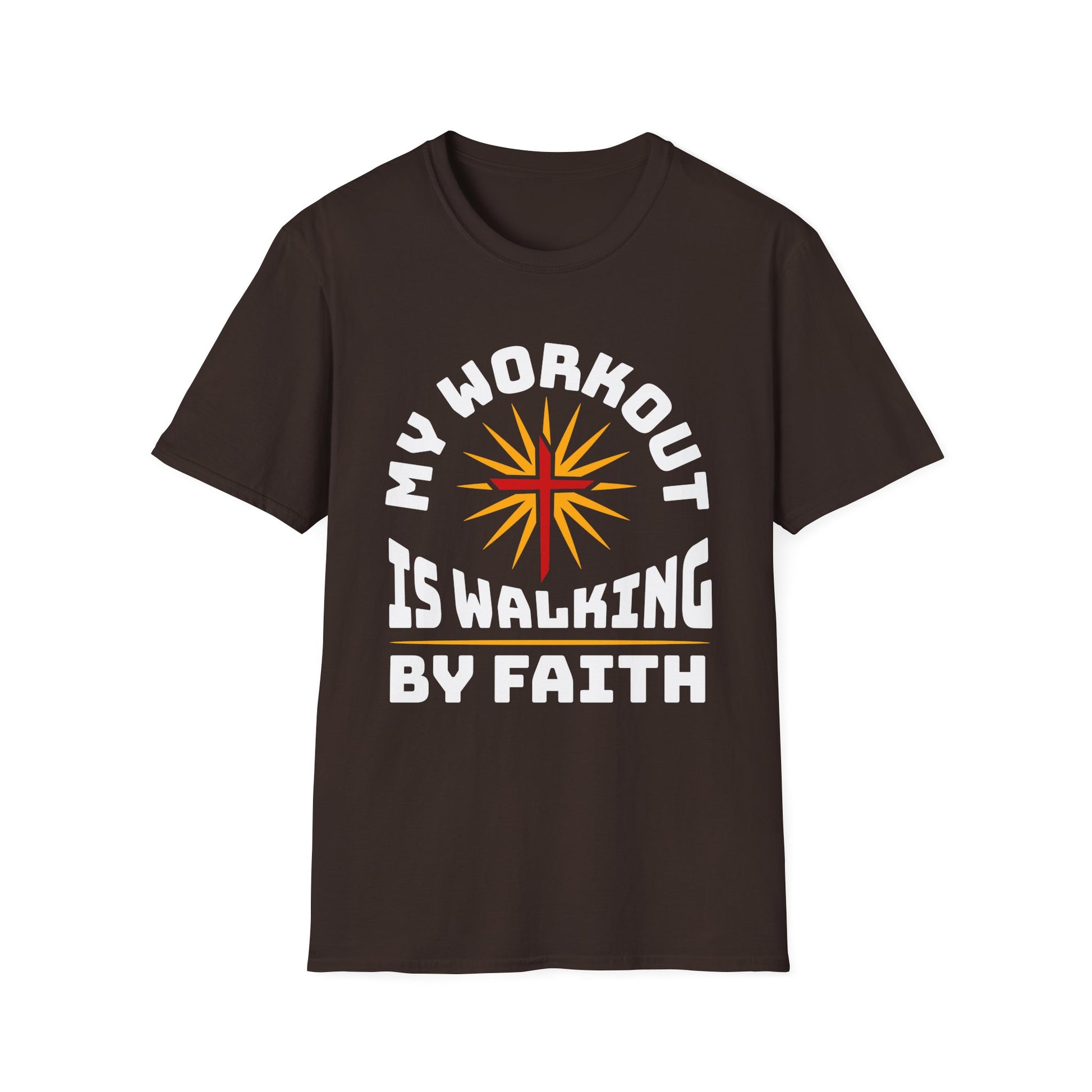 Brown t-shirt with motivational quote and sun graphic on a white background