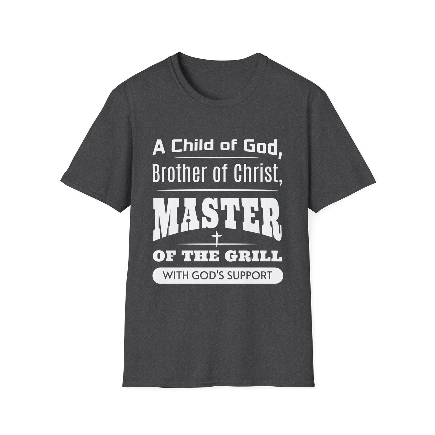 Dark gray t-shirt with white text on a white background