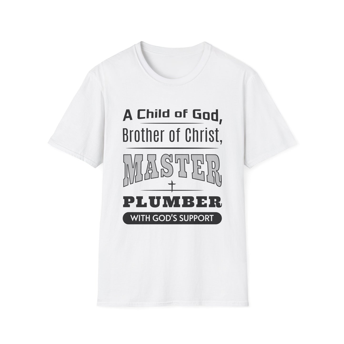 White t-shirt with black text on a white background