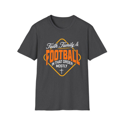 Dark gray t-shirt with 'Faith Family & Football In That Order Mostly' text design on a white background
