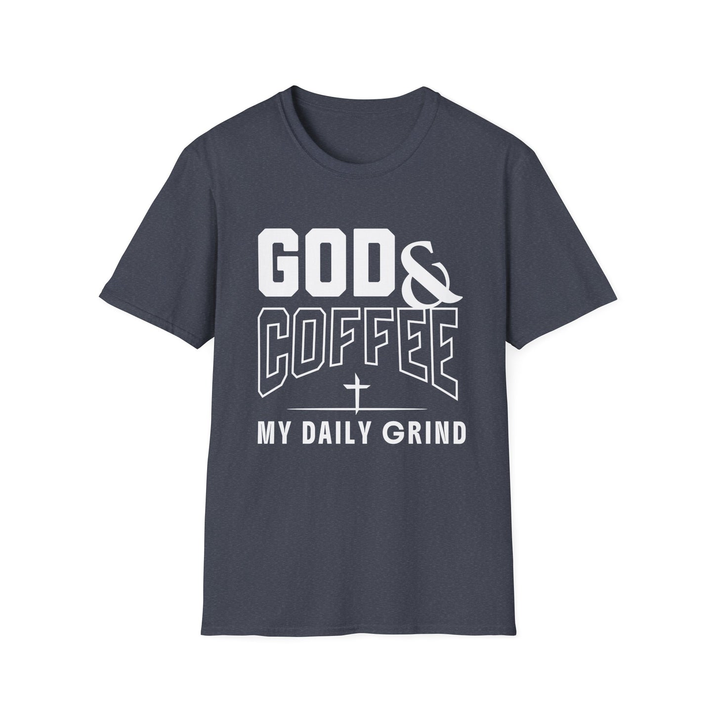 Gray t-shirt with 'GOD & COFFEE MY DAILY GRIND' text on a white background