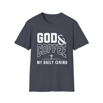 Gray t-shirt with 'GOD & COFFEE MY DAILY GRIND' text on a white background