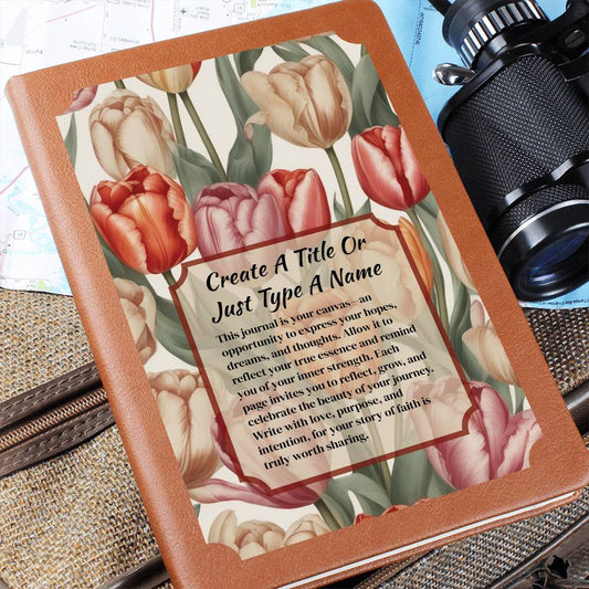 Vegan leather journal with a floral design on the cover, featuring text, red-orange, and pink tulips.