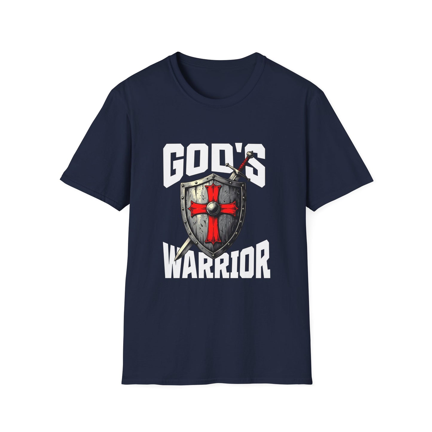 Navy blue t-shirt with 'God's Warrior' graphic design on a white background