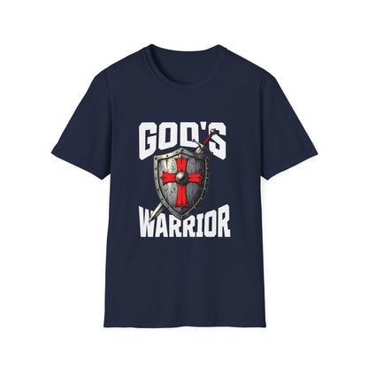 Navy blue t-shirt with 'God's Warrior' graphic design on a white background