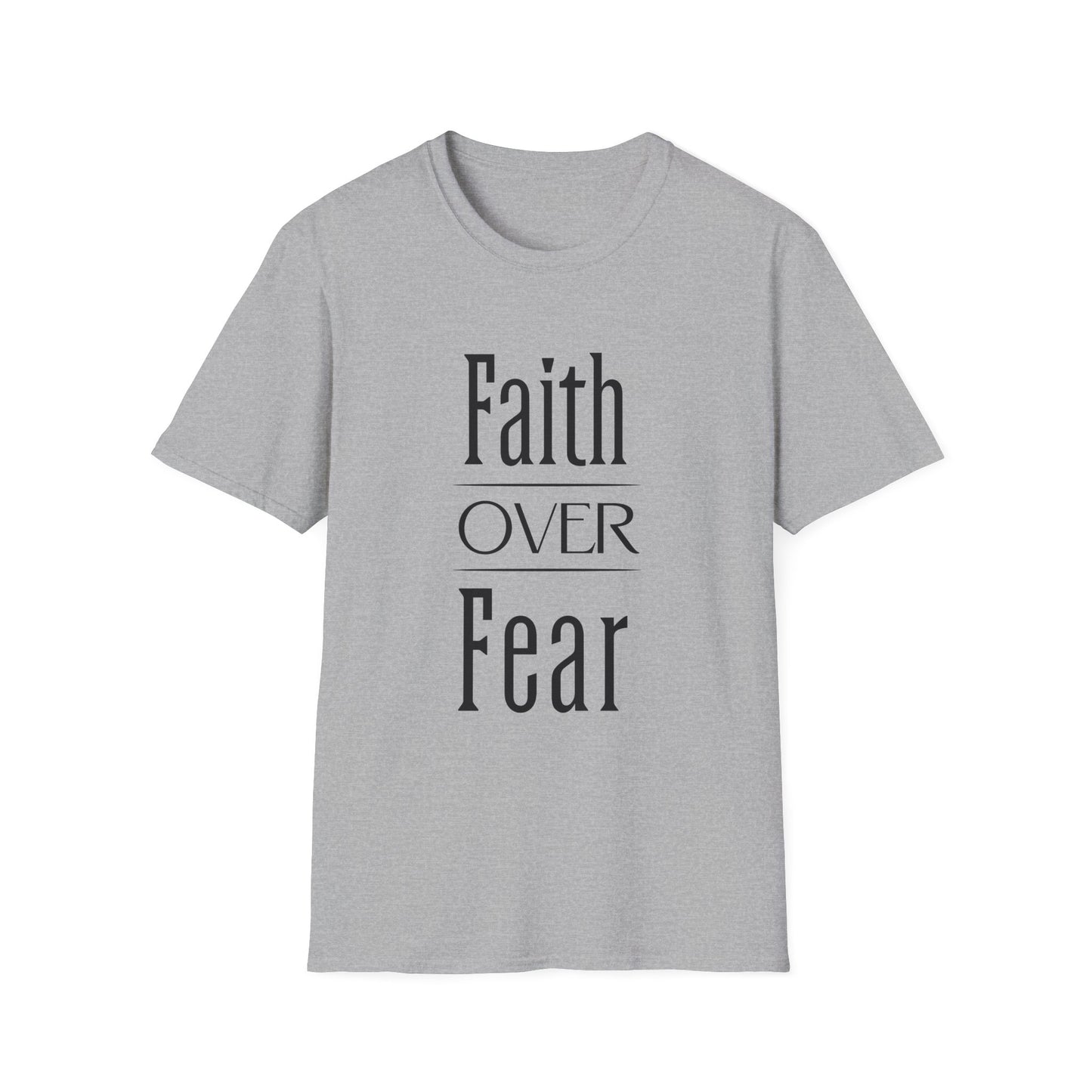 Gray t-shirt with 'Faith Over Fear' text on a white background