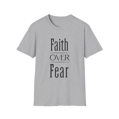 Gray t-shirt with 'Faith Over Fear' text on a white background